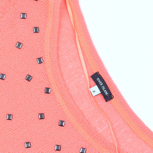 River Island Women's Orange Studded Knit 3/4 Sleeve T-Shirt Size 8