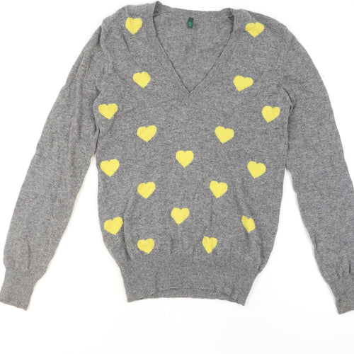 Benetton Women Grey Yellow Heart Wool Blend V-Neck Jumper Size M