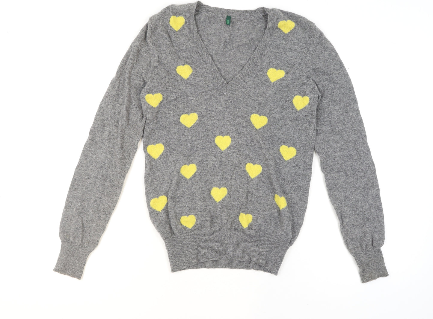 Benetton Women Grey Yellow Heart Wool Blend V-Neck Jumper Size M