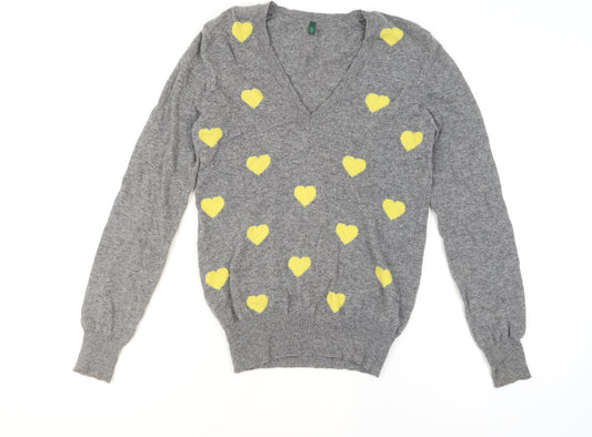 Benetton Women Grey Yellow Heart Wool Blend V-Neck Jumper Size M