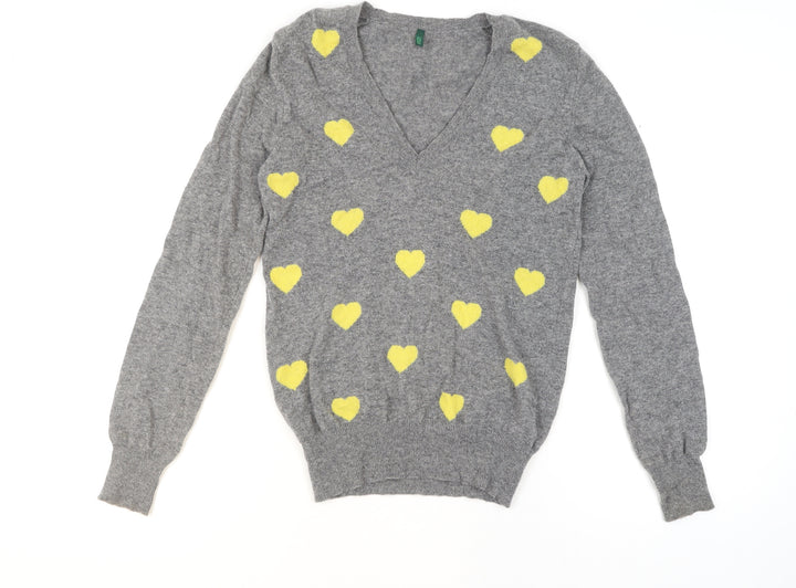 Benetton Women Grey Yellow Heart Wool Blend V-Neck Jumper Size M