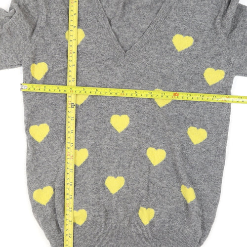 Benetton Women Grey Yellow Heart Wool Blend V-Neck Jumper Size M