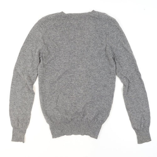 Benetton Women Grey Yellow Heart Wool Blend V-Neck Jumper Size M