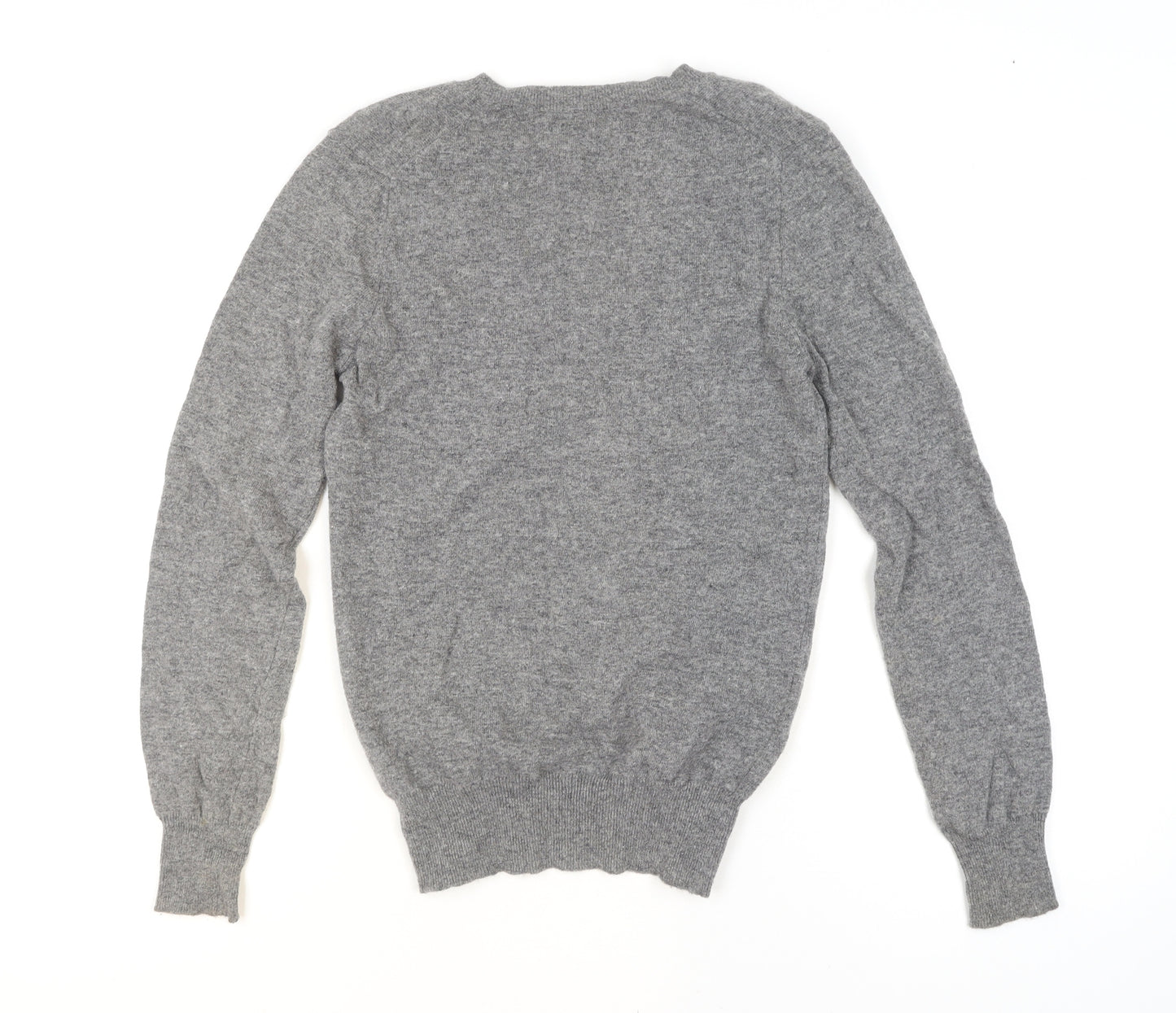 Benetton Women Grey Yellow Heart Wool Blend V-Neck Jumper Size M