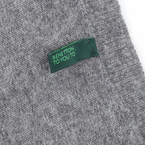 Benetton Women Grey Yellow Heart Wool Blend V-Neck Jumper Size M