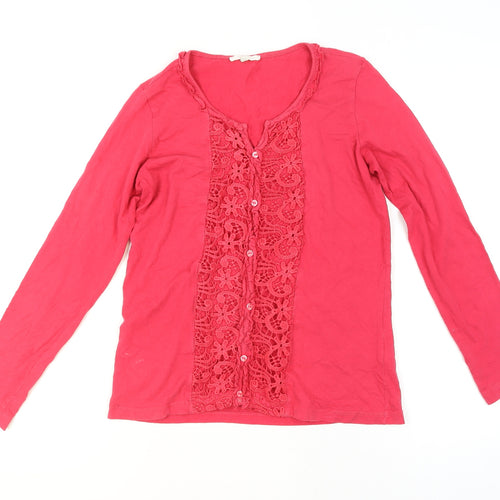 Lakeland Women's Pink Crochet Button Long Sleeve Tunic Blouse Size 12