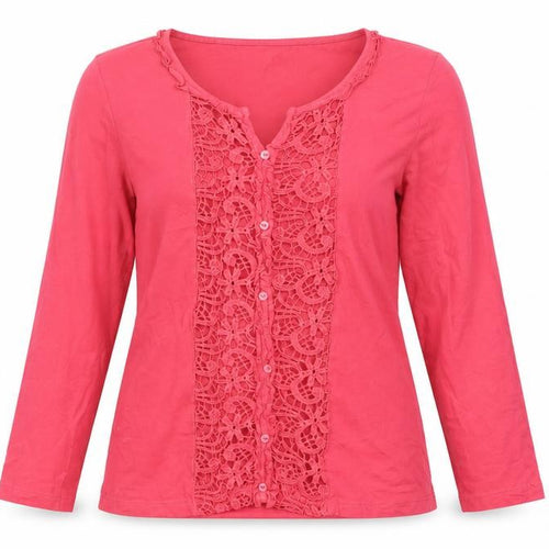 Lakeland Women's Pink Crochet Button Long Sleeve Tunic Blouse Size 12