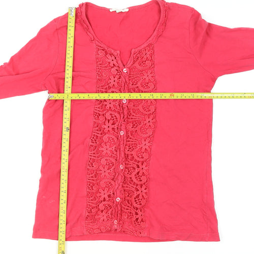 Lakeland Women's Pink Crochet Button Long Sleeve Tunic Blouse Size 12