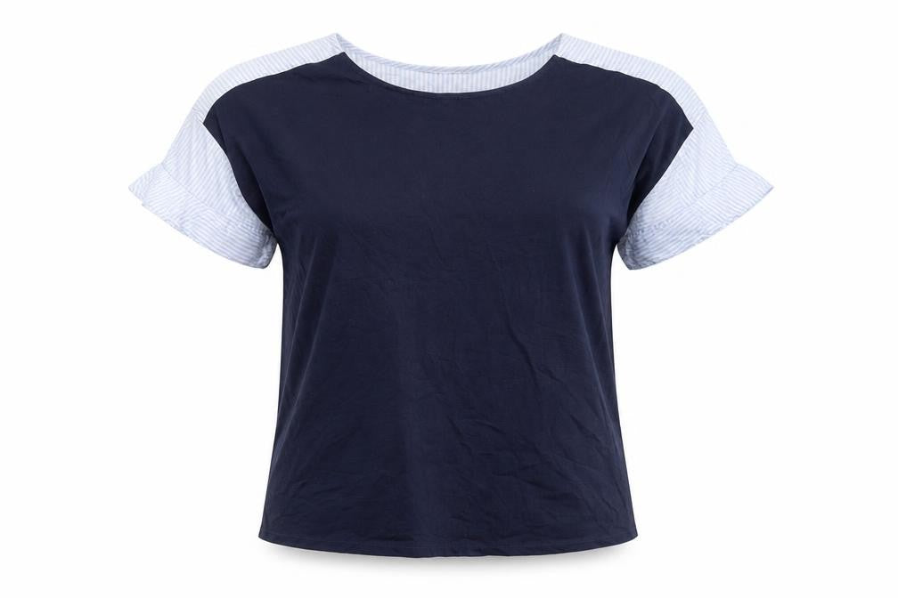 Front view of Warehouse Women's Blue Colourblock Cotton T-Shirt, size 12