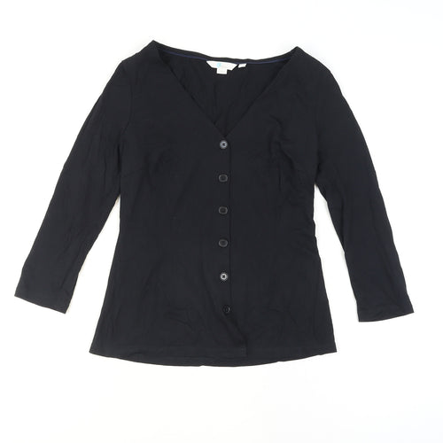 Boden Womens Black Button-Up V-Neck 3/4 Sleeve Cotton Top Size 8