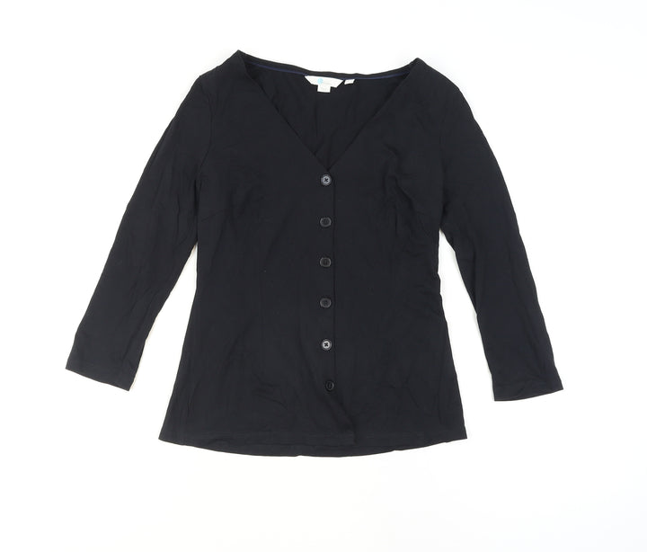 Boden Womens Black Button-Up V-Neck 3/4 Sleeve Cotton Top Size 8