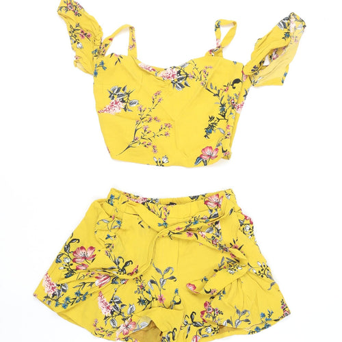 Bershka Women's Yellow Floral Ruffle Two-Piece Playsuit XS