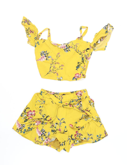 Bershka Women's Yellow Floral Ruffle Two-Piece Playsuit XS