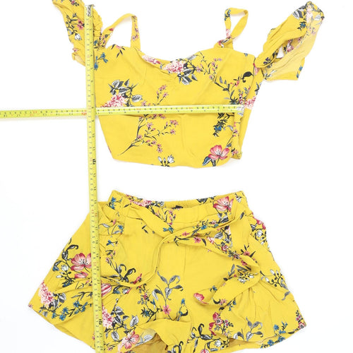 Bershka Women's Yellow Floral Ruffle Two-Piece Playsuit XS