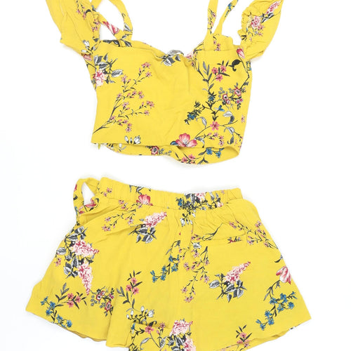 Bershka Women's Yellow Floral Ruffle Two-Piece Playsuit XS