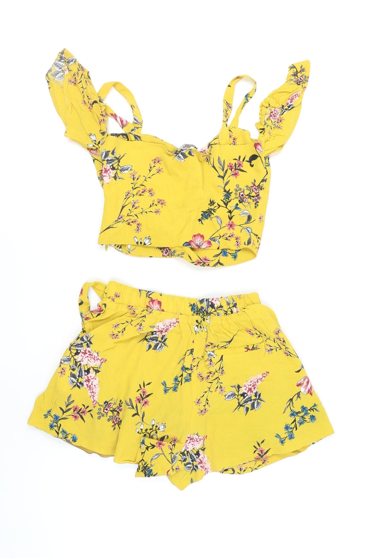 Bershka Women's Yellow Floral Ruffle Two-Piece Playsuit XS