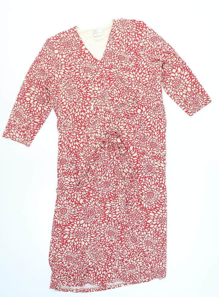 Eastex Women’s Red Floral Midi Wrap Dress Size 14 V-Neck 3/4 Sleeve