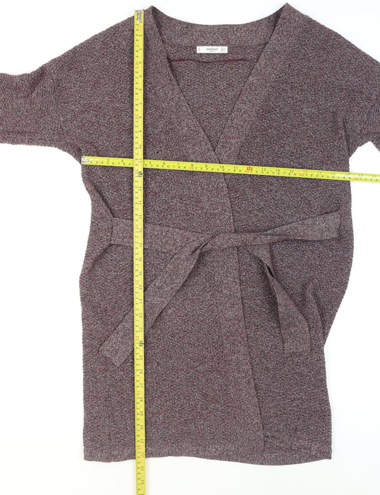 Mango Women’s Purple Knit Belted Cardigan Size 12 V-Neck 3/4 Sleeve