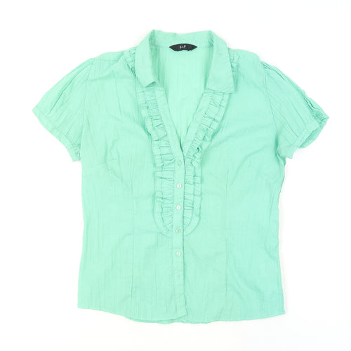 F&F Women's Green Ruffle Button Blouse Size 12 Short Sleeve