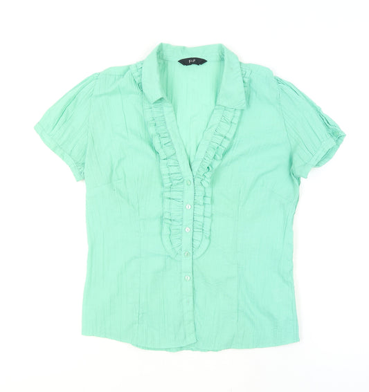 F&F Women's Green Ruffle Button Blouse Size 12 Short Sleeve