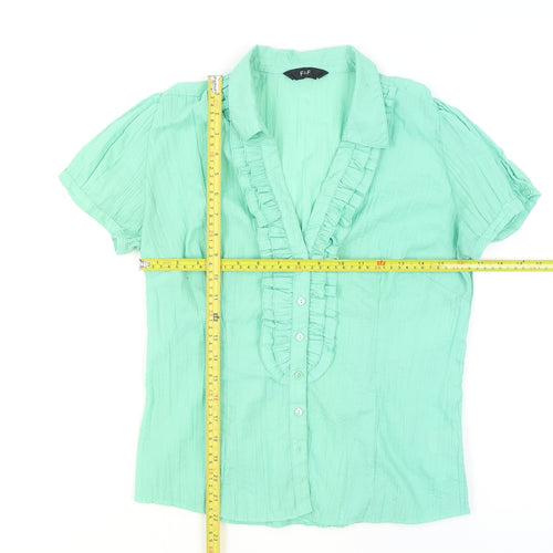 F&F Women's Green Ruffle Button Blouse Size 12 Short Sleeve