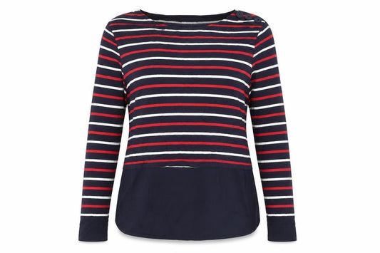 Front view of Warehouse Women Blue Striped Long Sleeve Boat Neck Blouse, size 12