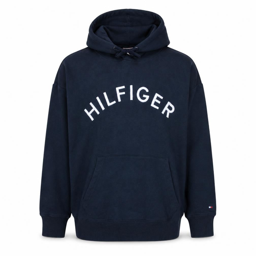 Front view of Tommy Hilfiger Men's Navy Blue XS Pullover Hoodie Cotton Sweatshirt
