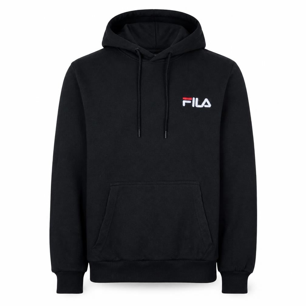Front view of Fila Men’s Black Pullover Hoodie Small Logo Sweatshirt