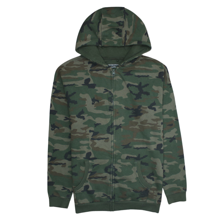 Primark Boys Green Camouflage Full Zip Hoodie 14-15 Years Cotton Blend