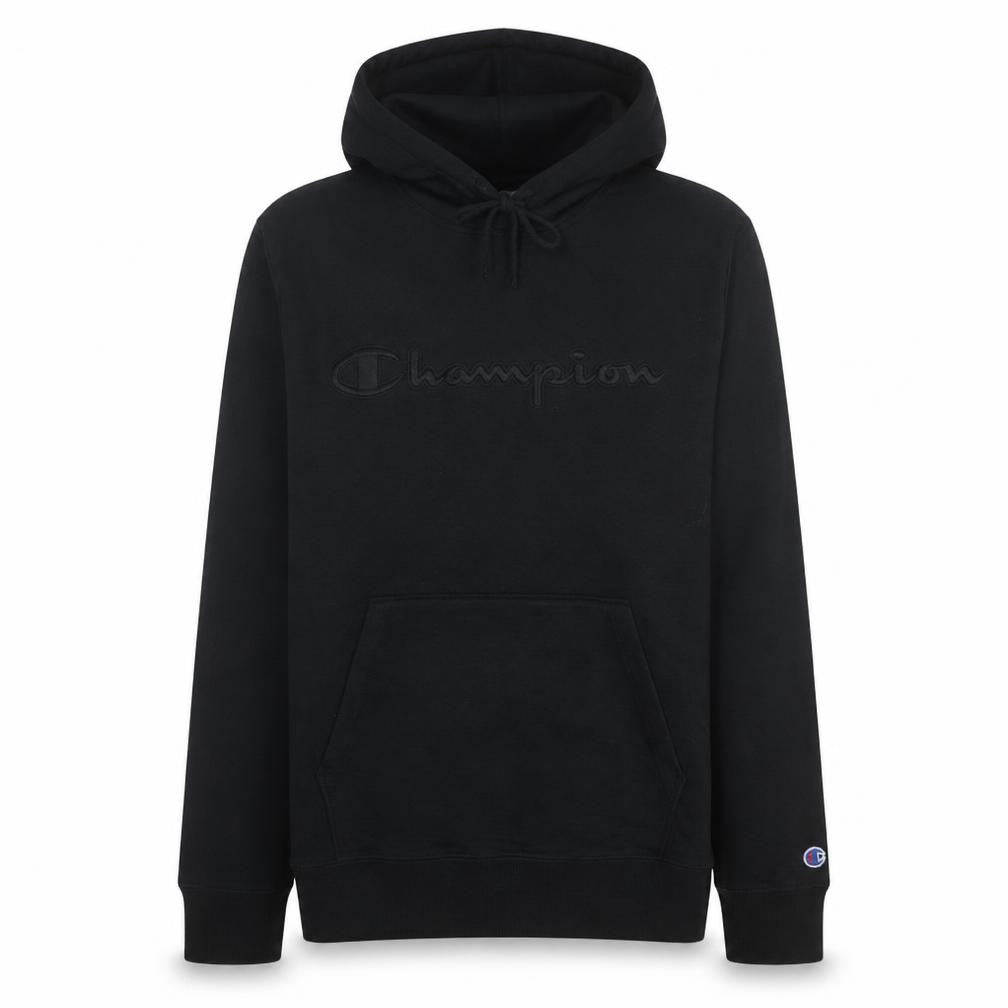 Front view of Champion Men’s Black Pullover Hoodie Medium Embroidered Logo