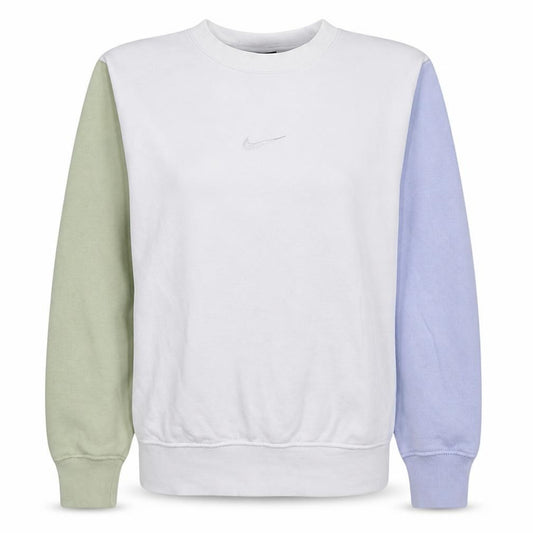 Front view of Nike women’s xs colourblock crew neck pullover sweatshirt white green blue