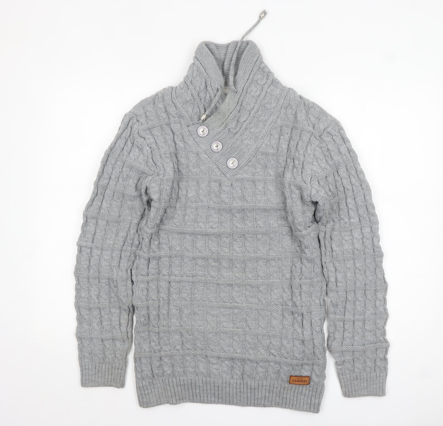 Claris Life Women Grey XL Cable-Knit Button High Neck Jumper