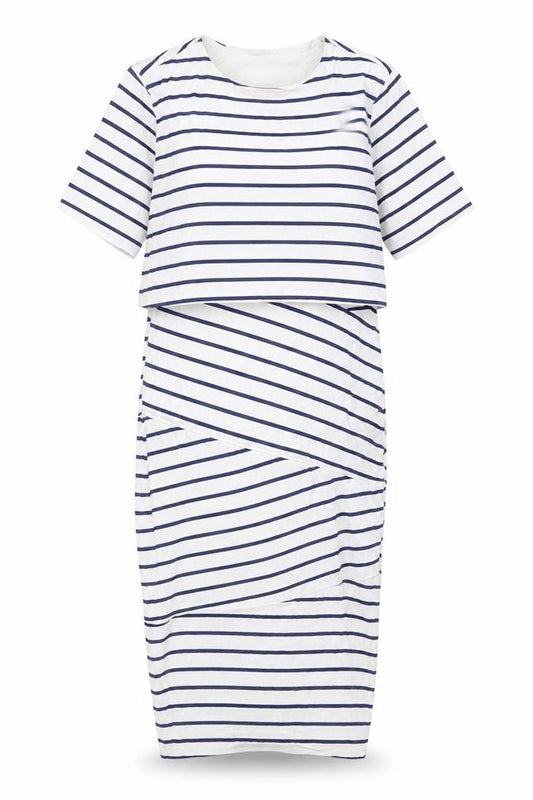 Front view of ASOS Women’s White Blue Striped Bodycon Midi Dress, size UK 6