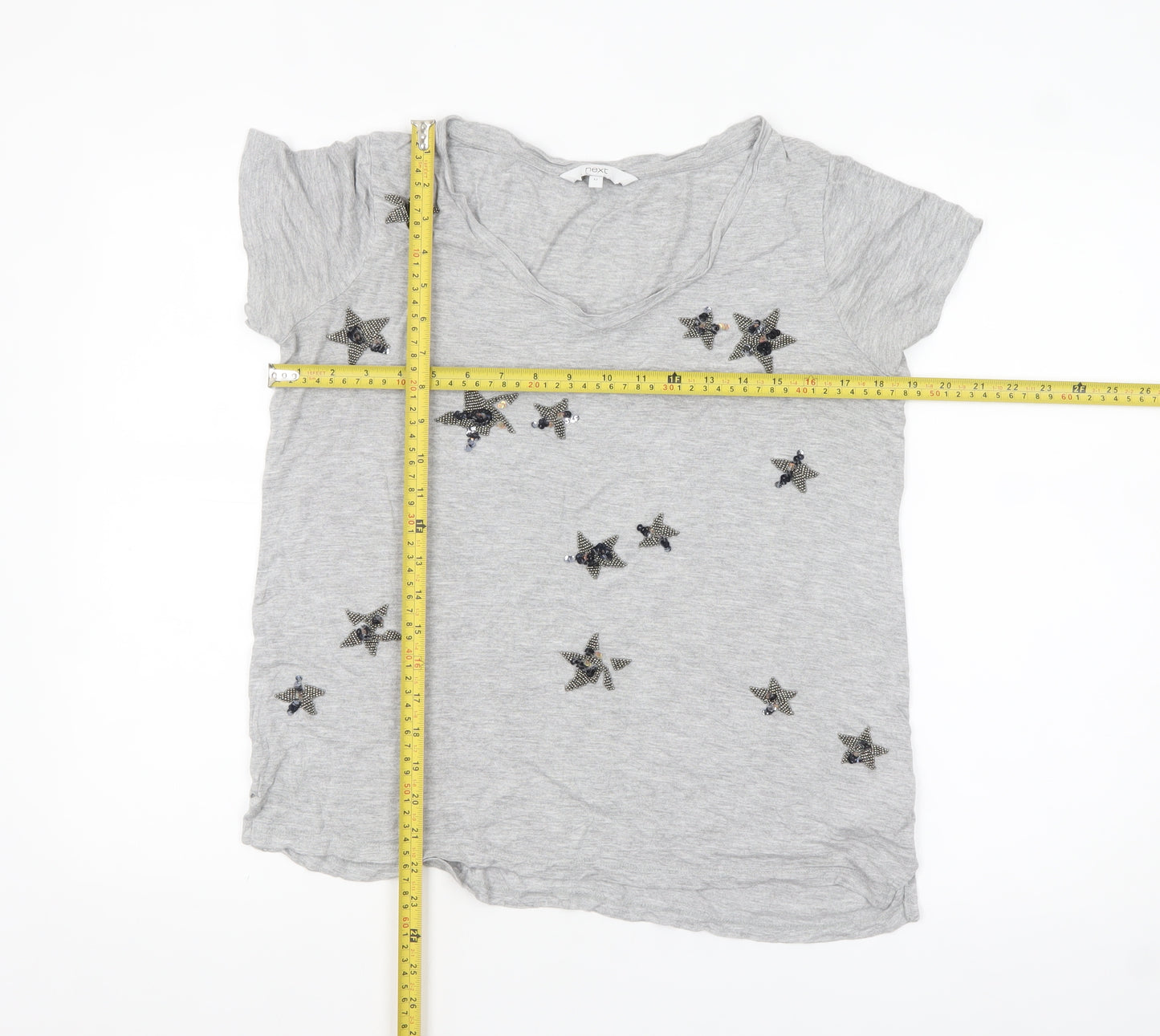 Next Women’s Grey Beaded Star T-Shirt Size 12 Short Sleeve Viscose