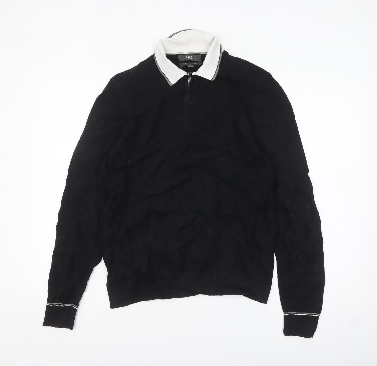 Marks and Spencer Men's Black Long Sleeve Cotton Polo Size S