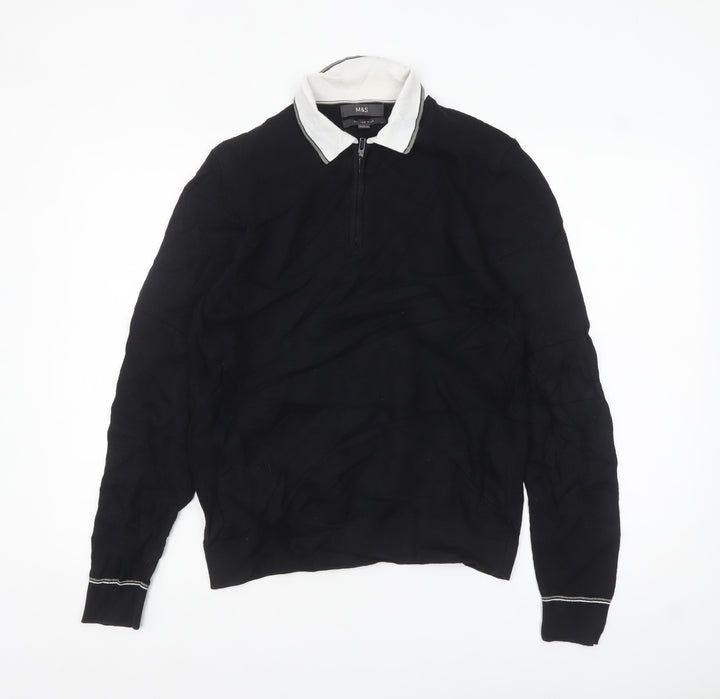 Marks and Spencer Men's Black Long Sleeve Cotton Polo Size S