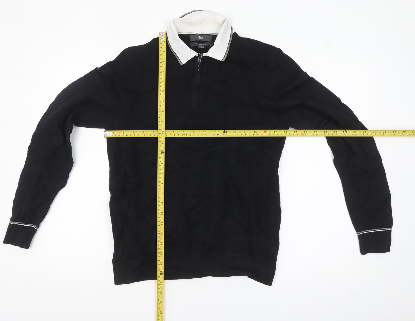 Marks and Spencer Men's Black Long Sleeve Cotton Polo Size S