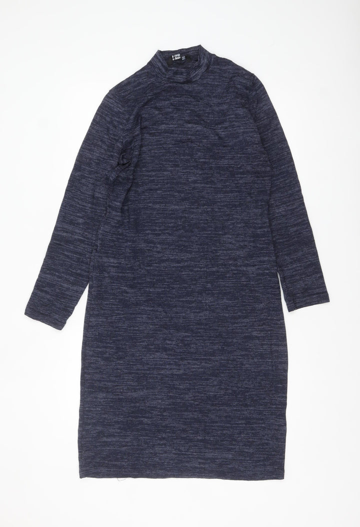 Miladys Women Blue Knit Shift Dress Size 12 Long Sleeve Mock Neck
