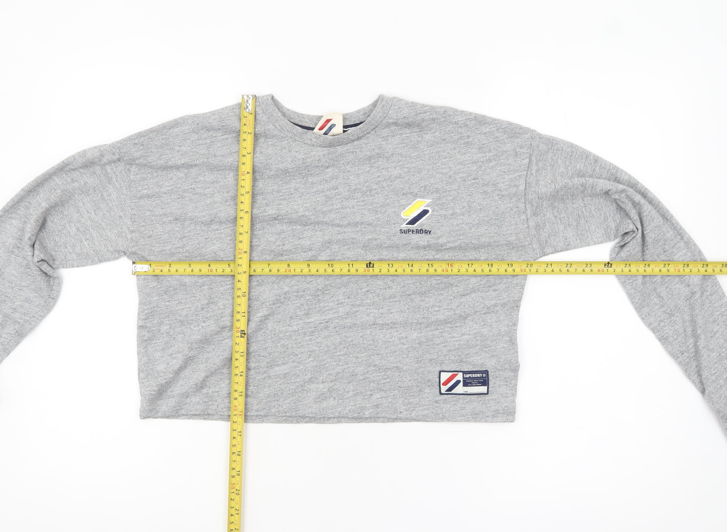 Superdry Women's Grey Cropped Long Sleeve T-Shirt Size 8