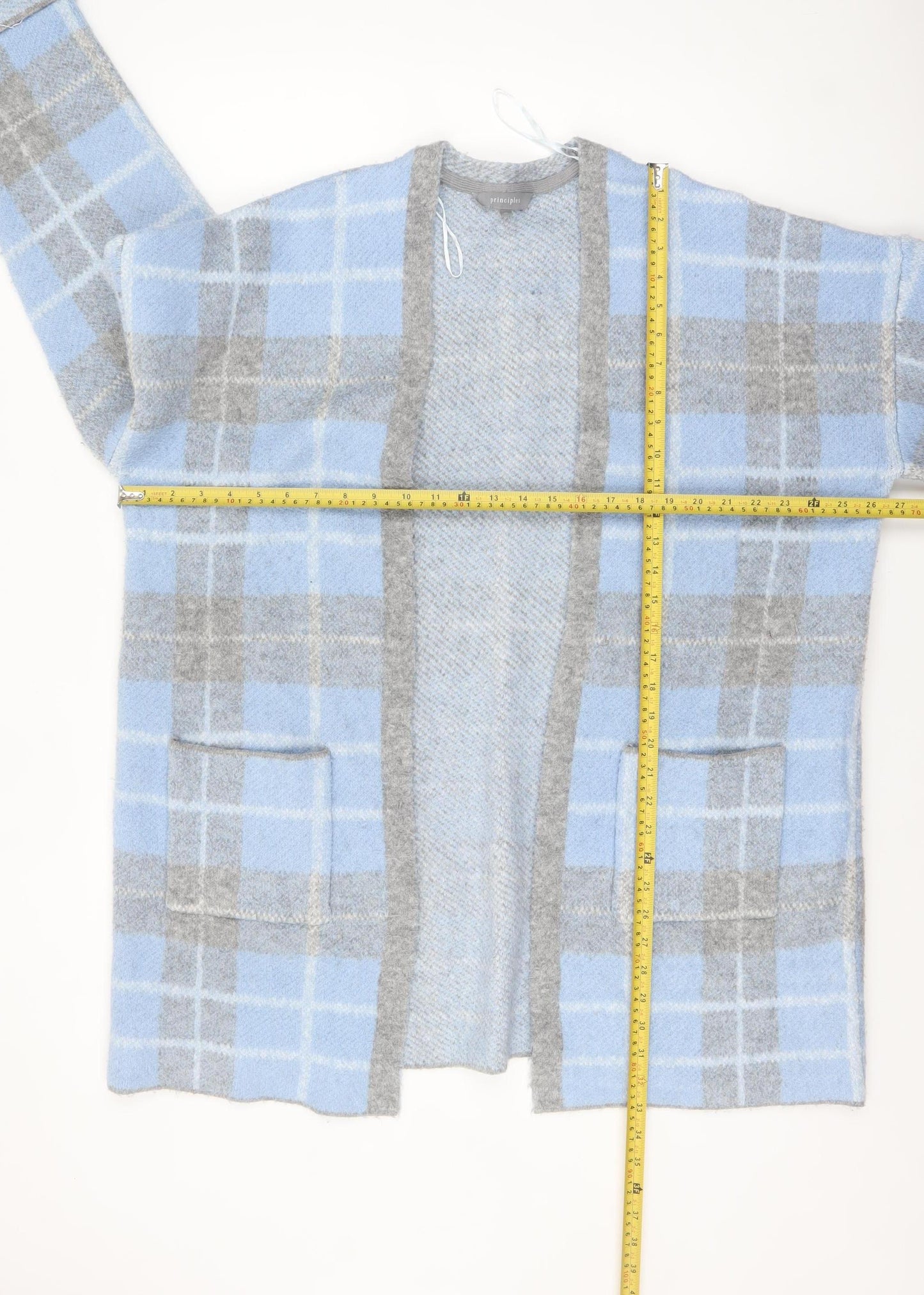 Principles Women Blue Check Knit Cardigan Size 18 Open Front