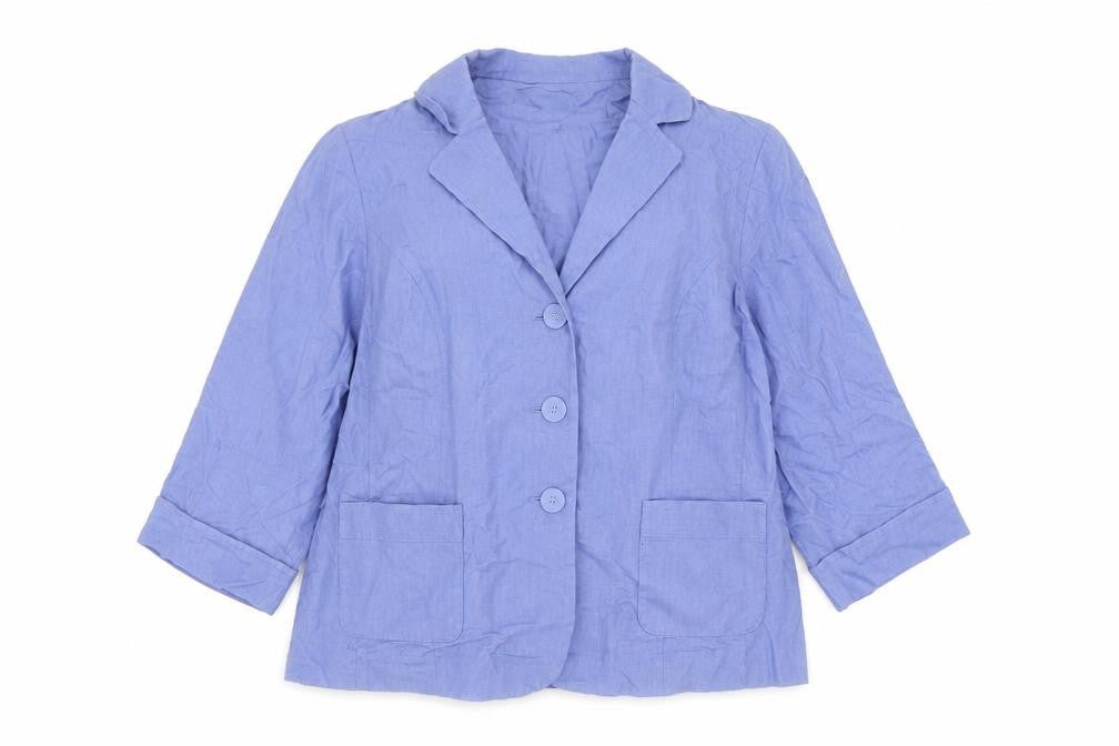 Front view of Isle Collection Women Blue Linen Blend Blazer, size 18, Single-Breasted