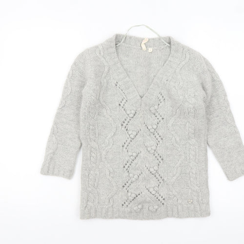 H&M Women Grey Chunky Knit V-Neck Wool Blend Jumper Size 8