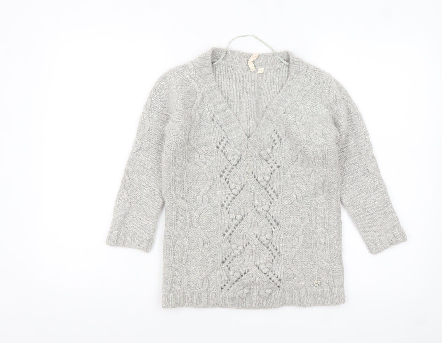 H&M Women Grey Chunky Knit V-Neck Wool Blend Jumper Size 8