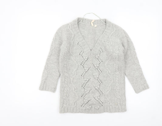 H&M Women Grey Chunky Knit V-Neck Wool Blend Jumper Size 8