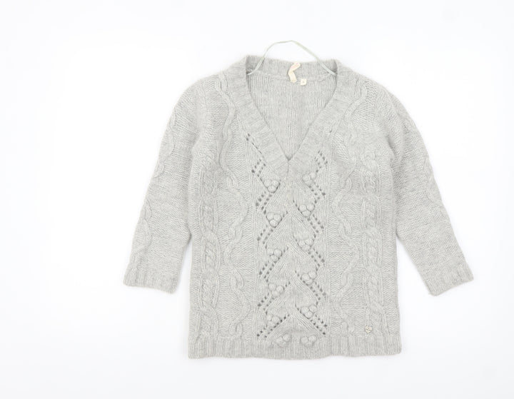 H&M Women Grey Chunky Knit V-Neck Wool Blend Jumper Size 8