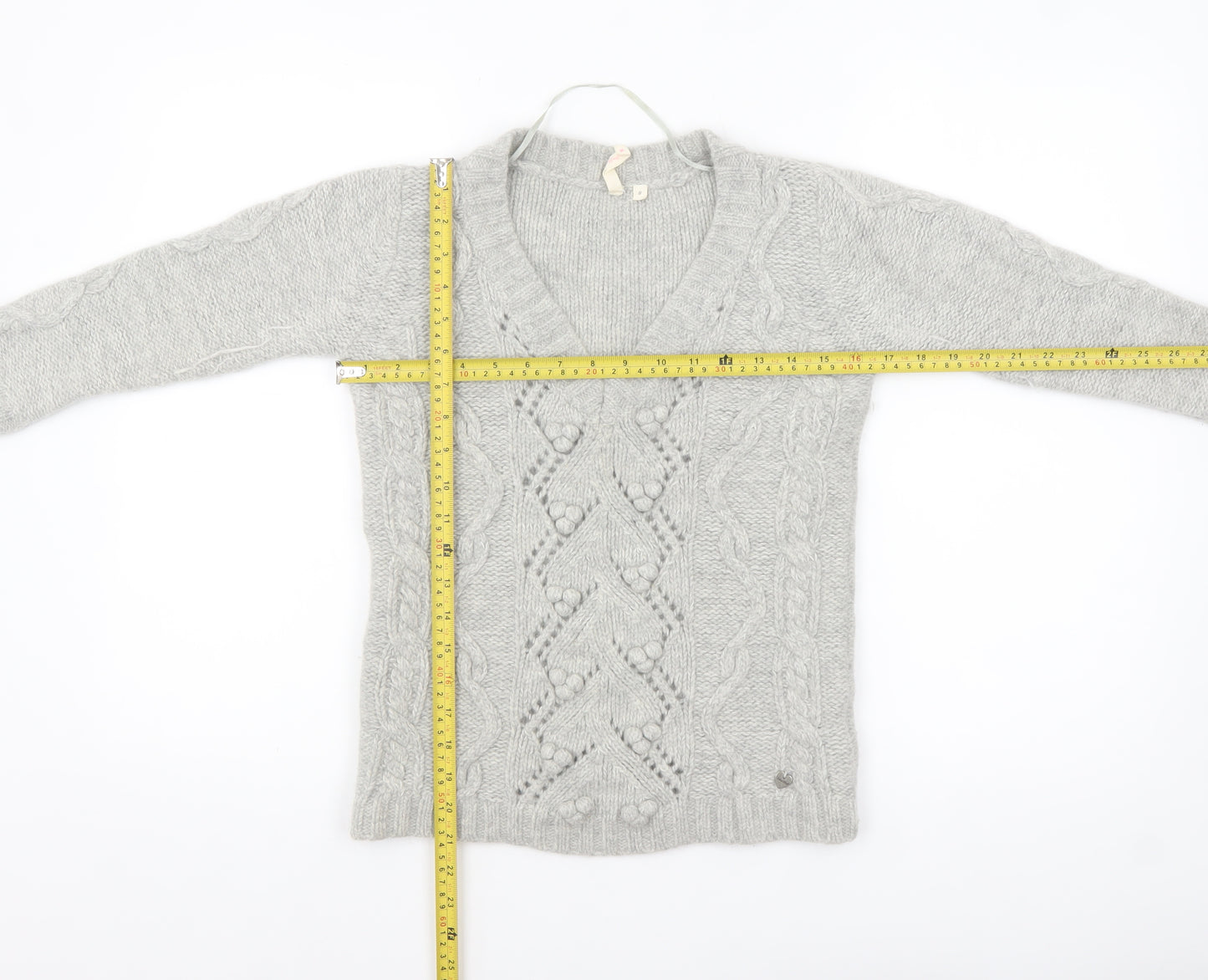 H&M Women Grey Chunky Knit V-Neck Wool Blend Jumper Size 8
