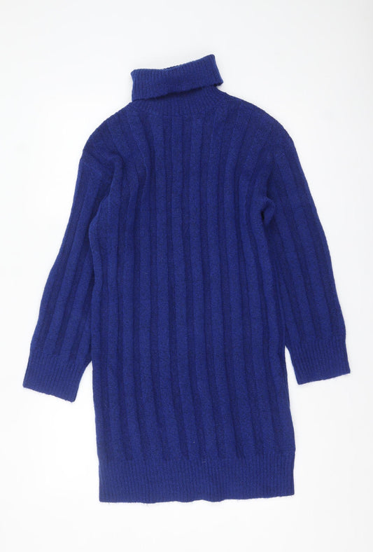 Tu Women Blue Roll Neck Ribbed Knit Long Sleeve Jumper Size 8