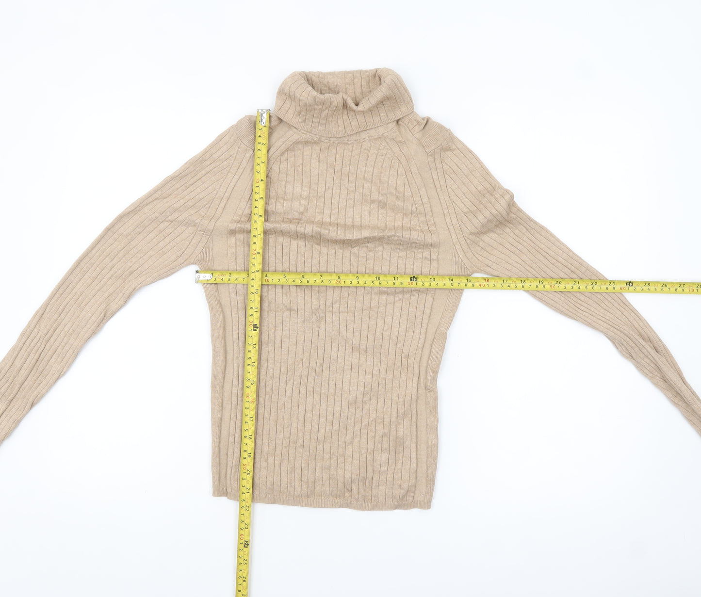 Next Women Beige Roll Neck Ribbed Knit Jumper Size S