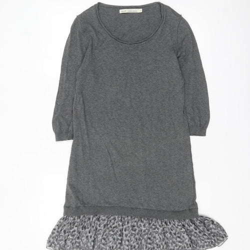 Next Women Grey Jumper Dress Size 10 3/4 Sleeve Ruffle Hem Knit