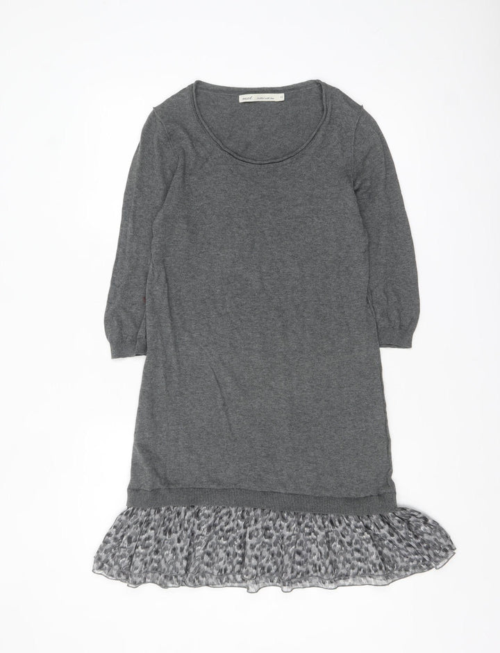 Next Women Grey Jumper Dress Size 10 3/4 Sleeve Ruffle Hem Knit
